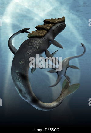 Leviathan and plesiosaur, artwork Stock Photo