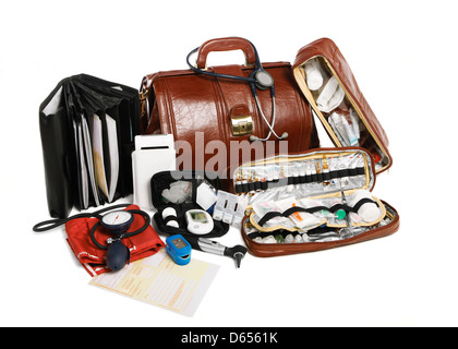 A full packed doc bag with paper work, insurence papers and everything for medical check up on a white background Stock Photo