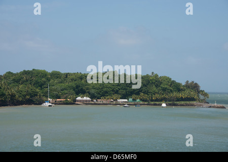 French Overseas Territory, French Guiana, Salvation Islands. Overview of Ile Royale home to the infamous penal colony. Stock Photo