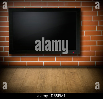 Room with blank TV screen on red brick wall - for Your text or picture