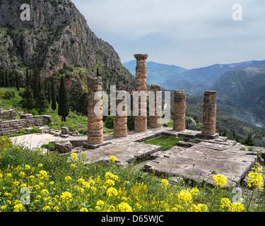 Looking down on the Temple of Apollo at the ancient site of Delphi in Thessaly, Central Greece Stock Photo