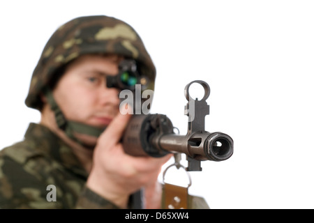 Armed soldier holding svd Stock Photo