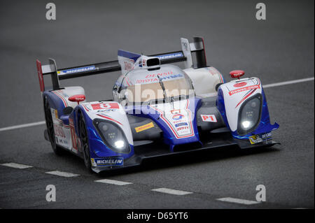 Northampton, UK. 12th April 2013.  #8 LMP1 class Toyota Racing Toyota TS030 - Hybrid of Anthony Davidson (GBR) / Sebastien Buemi (CHE) / Stephane Sarrazin (FRA) in action during Free Practice 1 at Round 1 of the FIA World Endurance Championship at Silverstone Circuit. Credit: Action Plus Sports Images /Alamy Live News Stock Photo