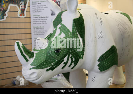 Southampton, UK. 12th April 2013 - Go! Rhinos sculptures coming to life in the public painting space in Marlands Shopping Centre. The finished Rhinos will be displayed on sculpture trails throughout the city this summer from July to September before moving to Marwell Zoo in October where they will be sold at auction. Proceeds will benefit Marwell Wildlife, Wessex Heartbeat's High 5 Appeal and The Rose Road Association. Credit: Rob Arnold/Alamy Live News Stock Photo