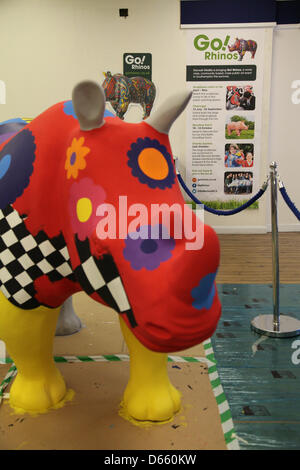 Southampton, UK. 12th April 2013 - Go! Rhinos sculptures coming to life in the public painting space in Marlands Shopping Centre. The finished Rhinos will be displayed on sculpture trails throughout the city this summer from July to September before moving to Marwell Zoo in October where they will be sold at auction. Proceeds will benefit Marwell Wildlife, Wessex Heartbeat's High 5 Appeal and The Rose Road Association. Credit: Rob Arnold/Alamy Live News Stock Photo