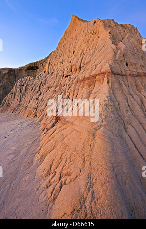 Formations of Castle Butte during dusk in Big Muddy Badlands, Southern Saskatchewan, Canada. Stock Photo