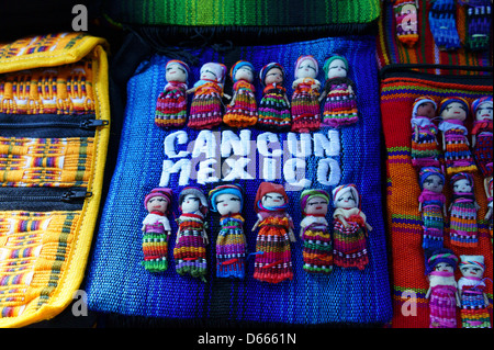 Mayan dolls and bags in Mercado 28 souvenirs and handicrafts market in Cancun, Mexico Stock Photo