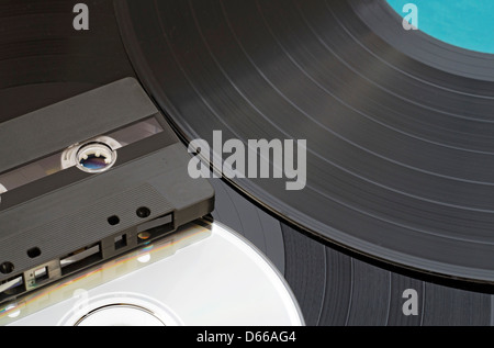 Gramophone disk, cd and cassette Stock Photo