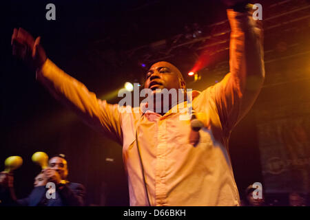 London, UK. 12th April 2013. Cuban band Alexander Abreu y Havana D’ Primera playing at Electric in Brixton, London, at the opening of La Linea festival. Credit: Julio Etchart / Alamy Live News Stock Photo