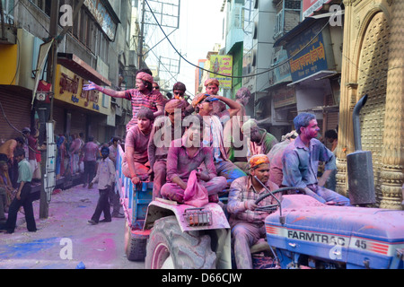 People of mathura enjoying holi Stock Photo