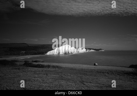 Seven sisters cliffs from Seaford Head, clouds, black and white Stock Photo