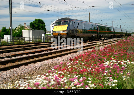 GNER, 82 class DVT Electric train, East Coast Main Line, Helpston crossing, Peterborough, Cambridgeshire, England Stock Photo