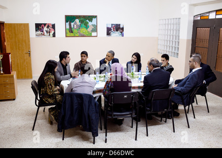 US President Barack Obama participates in a youth roundtable at the Al-Bireh Youth Resource Development Center March 21, 2013 in Ramallah, the West Bank. Stock Photo