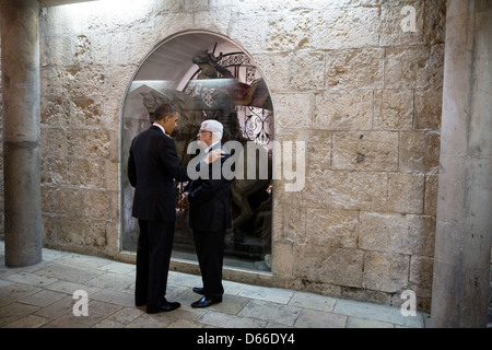 US President Barack Obama and President Mahmoud Abbas of the Palestinian Authority talk following their tour of the Church of the Nativity March 22, 2013 in Bethlehem, the West Bank. Stock Photo