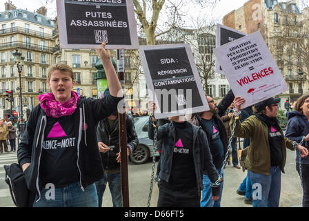 Paris, France, LGBT Group, Act Up-Paris, The STRASS,  Demonstrating Against Abolitionist Feminist Meeting, Prostitution Rights, Holding Protest Signs, slogan t shirt, trans people Stock Photo