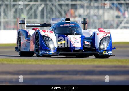 13.04.2013 Silverstone, England. Toyota Racing LMP1 Toyota TS030 Hybrid driven by Anthony Davidson (GBR), S&#xe9;bastien Buemi (CHE) and St&#xe9;phane Sarrazin (FRA) during qualifying for the World Endurance Championship from Silverstone. Stock Photo