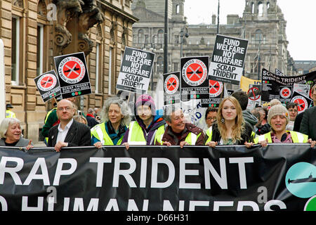 Glasgow, Scotland, United Kingdom  13 April 2013. Anti Nuclear weapons and Anti Trident march and demonstration beginning in George Square, Glasgow, Scotland and parading round the city centre before ending in a rally back at George Square. Approximately 5000 campaigners attended from all over the UK and representing  different anti nuclear organisations. This was a march to organise support for a mass sit-in at  Faslane Naval base on Monday 15th April 2013. Patrick Harvie MSP, convener of the Sottish Green Party , pictured on the front row second from the left. Credit: Findlay/Alamy Live News Stock Photo