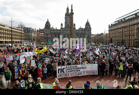 Glasgow, Scotland, United Kingdom  13 April 2013. Anti Nuclear weapons and Anti Trident march and demonstration beginning in George Square, Glasgow, Scotland and parading round the city centre before ending in a rally back at George Square. Approximately 5000 campaigners attended from all over the UK and representing  different anti nuclear organisations. This was a march to organise support for a mass sit-in at Farlane Naval base on Monday 15th April 2013. Credit: Findlay/Alamy Live News Stock Photo