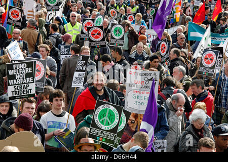 Glasgow, Scotland, United Kingdom  13 April 2013. Anti Nuclear weapons and Anti Trident march and demonstration beginning in George Square, Glasgow, Scotland and parading round the city centre before ending in a rally back at George Square. Approximately 5000 campaigners attended from all over the UK and representing  different anti nuclear organisations. This was a march to organise support for a mass sit-in at  Faslane Naval base on Monday 15th April 2013. Credit: Findlay/Alamy Live News Stock Photo
