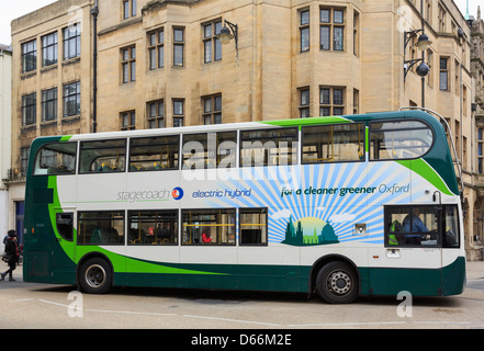 Electric hybrid double decker bus operated by Stagecoach in Oxford city centre, Oxfordshire, England, UK, Britain Stock Photo