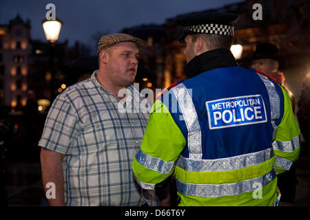 London, UK. Saturday 13th April 2013 Anarchists, students and militant far left groups gathered in Trafalgar Square to hold a party to celebrate the death of Baroness Margaret Thatcher. The party had been planned for the first Saturday after the former prime minister death. Nelson Pereira/Alamy Live News Stock Photo