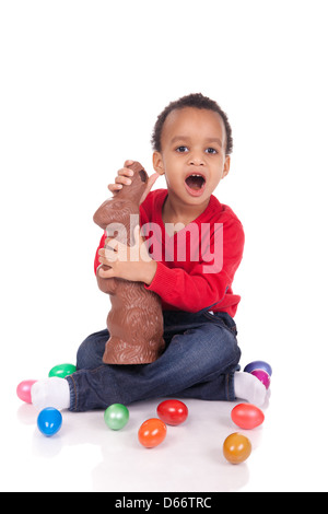 boy with easter eggs, isolated on white Stock Photo