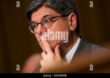 Treasury Secretary Jack Lew testifies during a hearing on the fiscal year 2014 federal budget. Stock Photo