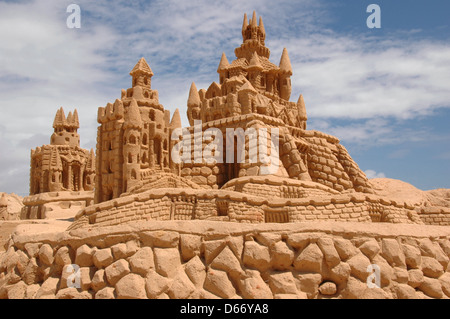 A fairy tale sand castle on show at the International Sand Sculpture Festival described as the largest sand sculpture event in the world taking place annually in Pera a former civil parish in the municipality of Silves, Algarve, Portugal Stock Photo