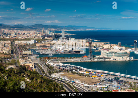 Panoramic view over Port Vell from the summit of Montjuïc, Barcelona, Catalonia, Spain
