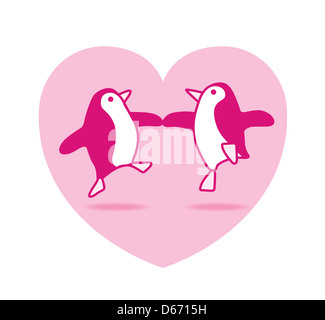 Two Happy Pink Penguins Dancing in a Pink Heart on White Background Stock Photo