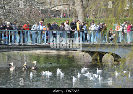 St James's Park, London, UK. 14th April 2013. Enjoying the sunshine in St James's Park. People enjoy the hottest day of the year in London as the sun shines. Matthew Chattle/Alamy Live News Stock Photo