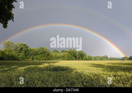 rainbow over landscape, ottenstein, holzminden district, niedersachsen, germany Stock Photo