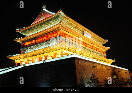 Night view of the famous landmark of Drum Tower in Xian, China Stock Photo