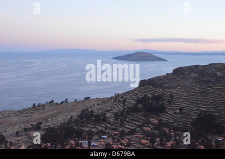 Sunset on Amantani island, Lake Titicaca, Peru Stock Photo