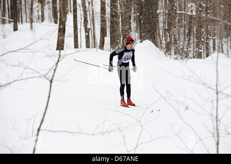 A classic style skier on the trail between Cable and Hayward, Wisconsin competes in the 2013 American Birkebeiner. Stock Photo