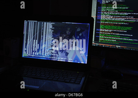 This image displays a Gentoo Linux system running on a digital display, showing the framebuffer console and terminal. It features a digital camera, XFCE, and an open terminal with the Gentoo logo. Stock Photo