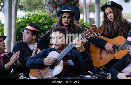 La Palma, Canary Islands - fiesta of Los Indianos, a local folk group plays informal session at Santa Cruz café before carnival Stock Photo