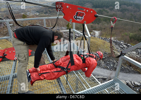 Zip World, Penrhyn Quarry, Bethesda, Bangor, Gwynedd, North Wales the fastest zip wire in the world Stock Photo