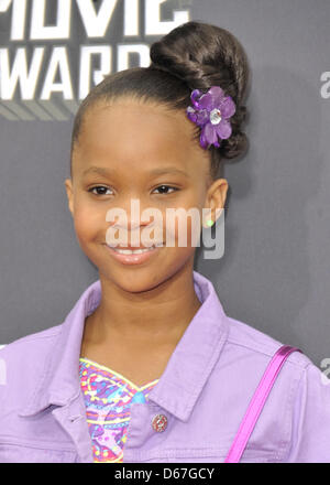 Los Angeles, California, U.S. April 14, 2013. Quvenzhane Wallis attending the 2013 MTV Movie Awards - Arrivals held at the Sony Pictures Studios in Culver City. Credit Image: Credit:  D. Long/Globe Photos/ZUMAPRESS.com/Alamy Live News Stock Photo