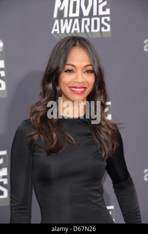 US actress Zoe Saldana arrives at the 2013 MTV Movie Awards at Sony Pictures Studios in Culver City, Los Angeles, USA, on 14 April 2013. Photo: Hubert Boesl Stock Photo