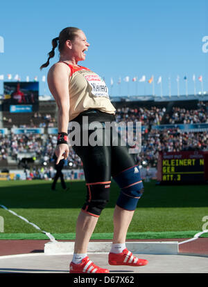 Nadine Kleinert of Germany reacts afer an attempt in the Women's Shot Put final of the European Athletics Championships 2012 at the Olympic Stadium in Helsinki, Finland, 29 June 2012. The European Athletics Championships take place in Helsinki from the 27 June to 01 July 2012. Photo: Bernd Thissen dpa  +++(c) dpa - Bildfunk+++ Stock Photo