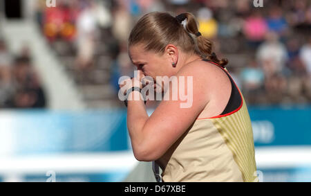 Nadine Kleinert of Germany reacts after winning the Women's Shot Put final of the European Athletics Championships 2012 at the Olympic Stadium in Helsinki, Finland, 29 June 2012. The European Athletics Championships take place in Helsinki from the 27 June to 01 July 2012. Photo: Bernd Thissen dpa  +++(c) dpa - Bildfunk+++ Stock Photo