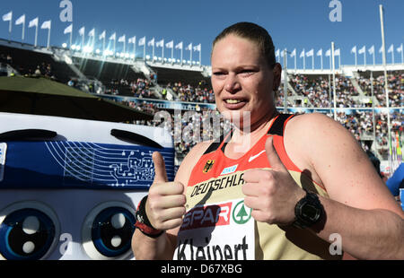 Nadine Kleinert of Germany reacts after winning the Women's Shot Put final of the European Athletics Championships 2012 at the Olympic Stadium in Helsinki, Finland, 29 June 2012. The European Athletics Championships take place in Helsinki from the 27 June to 01 July 2012. Photo: Bernd Thissen dpa  +++(c) dpa - Bildfunk+++ Stock Photo