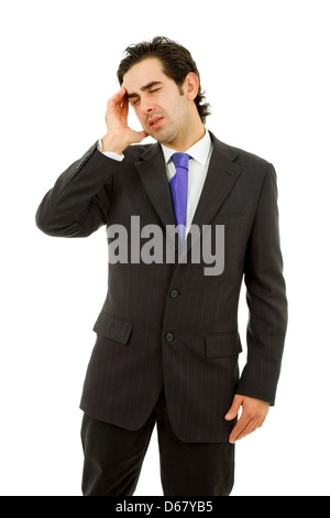 Businessman in a suit gestures with a headache Stock Photo