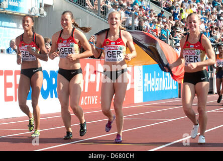 Tatjana Pinto (L-R), Anne Cibis, Verena Sailer and Leena Guenther of Germany celebrate after the women's 4x100 m Relay final at the European Athletics Championships 2012 at Olympic Stadium in Helsinki, Finland, 01 July 2012. The European Athletics Championships take place in Helsinki from the 27 June to 01 July 2012. Photo: Bernd Thissen dpa  +++(c) dpa - Bildfunk+++ Stock Photo