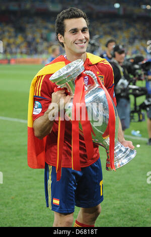 Spain's Alvaro Arbeloa holds the Uefa cup after the UEFA EURO 2012 final soccer match Spain vs. Italy at the Olympic Stadium in Kiev, Ukraine, 01 July 2012. Spain won 4-0. Photo: Revierfoto Stock Photo