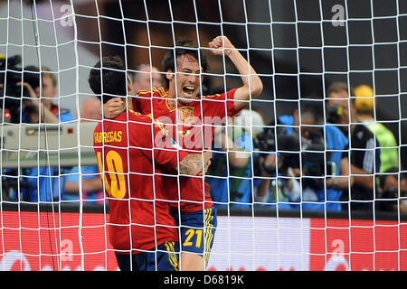 Spain's Cesc Fabregas (L) and David Silva  celebrate the 1-0 goal during the UEFA EURO 2012 final soccer match Spain vs. Italy at the Olympic Stadium in Kiev, Ukraine, 01 July 2012. Spain won 4-0. Photo: Revierfoto Stock Photo