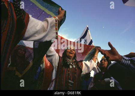 Members of the Yemeni Jewish community in traditional outfit dancing during Jerusalem Day or Yom Yerushalayim an Israeli national holiday commemorating the reunification of Jerusalem and the establishment of Israeli control over the Old City in the aftermath of the June 1967 Six-Day War. Stock Photo