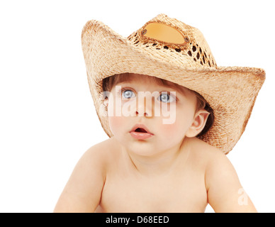 Closeup portrait of adorable baby boy wearing cowboy hat isolated on white background, happy childhood concept Stock Photo