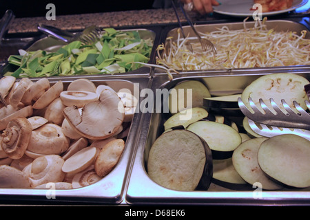 Eggplant mushrooms bean sprouts bamboo pieces sold at Chinese restaurant Stock Photo